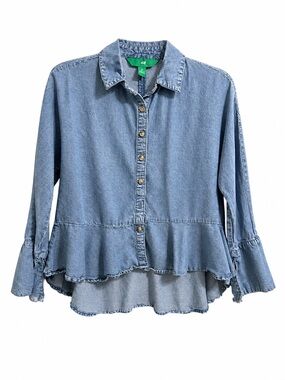 Light Wash Denim Peplum Button-Up Shirt Small Ruffle Hem Chambray Top